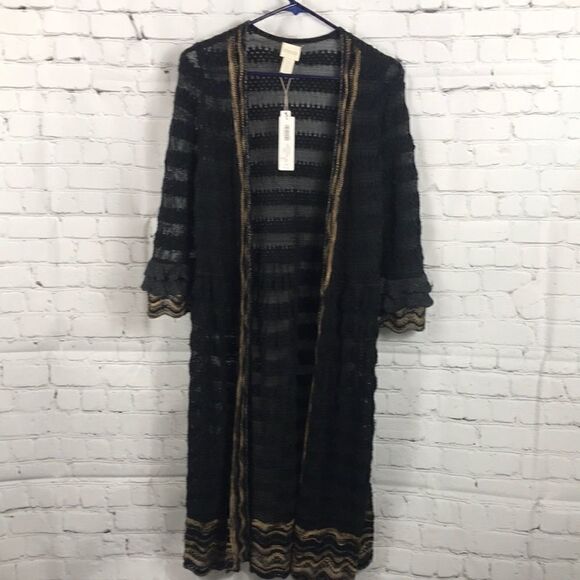 Chico’s Cardigan duster black Drama Ruffle Elizabeth Black sz 0 cotton Rayon NWT - Picture 1 of 6